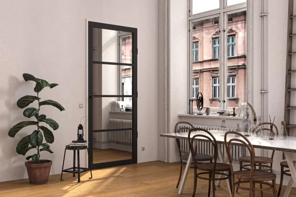 Staal look deur glas