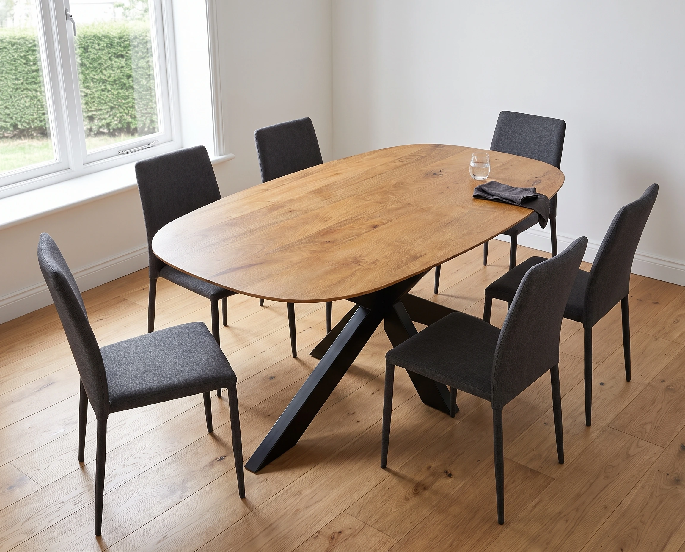 Deens ovale mango eettafel met matrixpoot, in een eethoek.